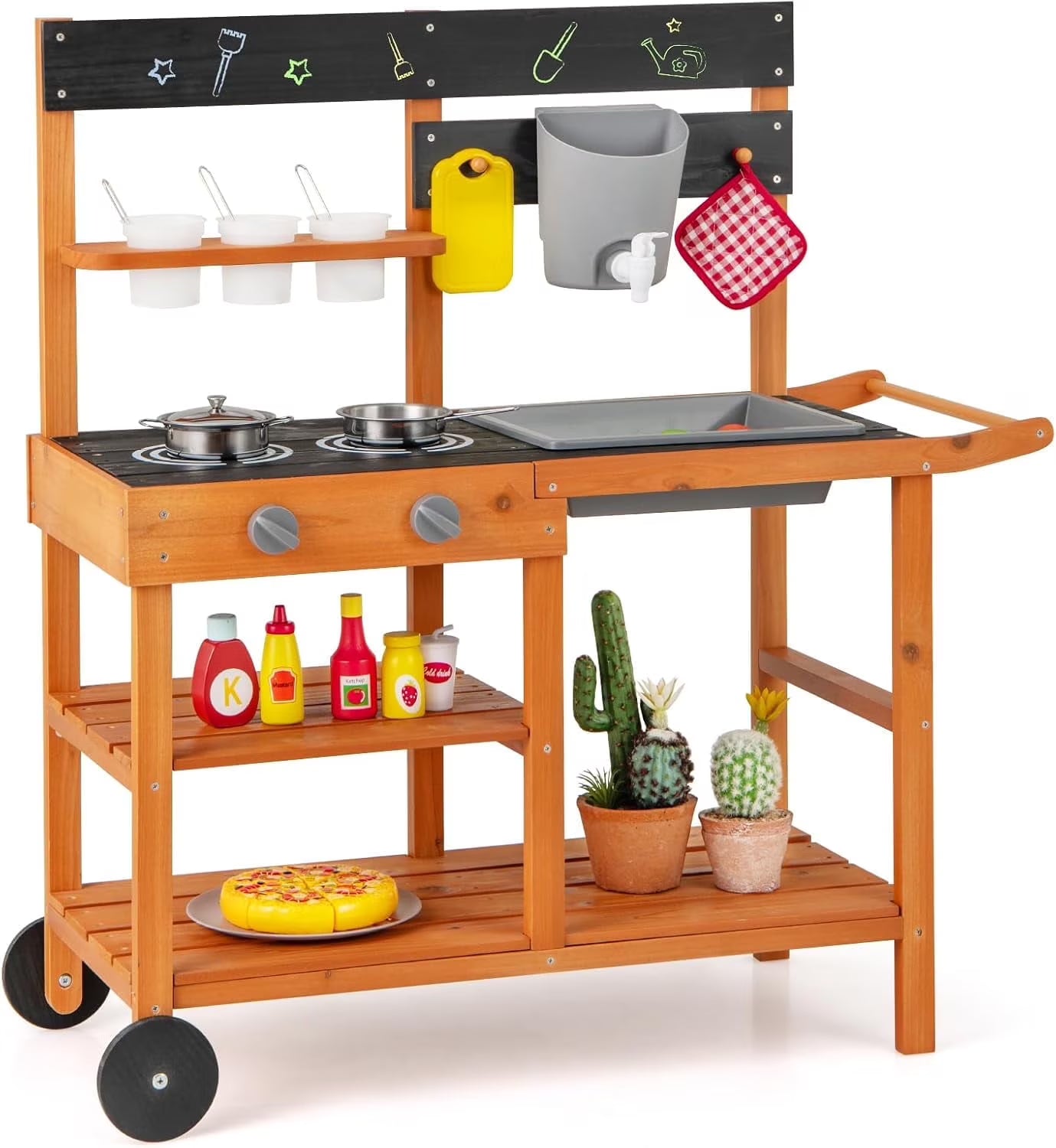 OLAKIDS Mud Kitchen, Outdoor Play Kitchen with Wheels 3 Cups Removable Sink Cooking Accessories Wooden Kids Kitchen Playset Backyard Garden Toys Gift for Boys Girls Ages 3+