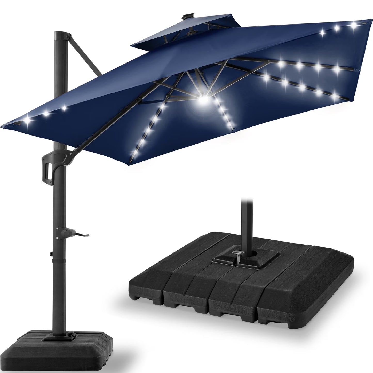 Best Choice Products 12x12ft 2-Tier Square Outdoor Solar LED Cantilever Umbrella w/ 360-Rotating Base Navy Blue