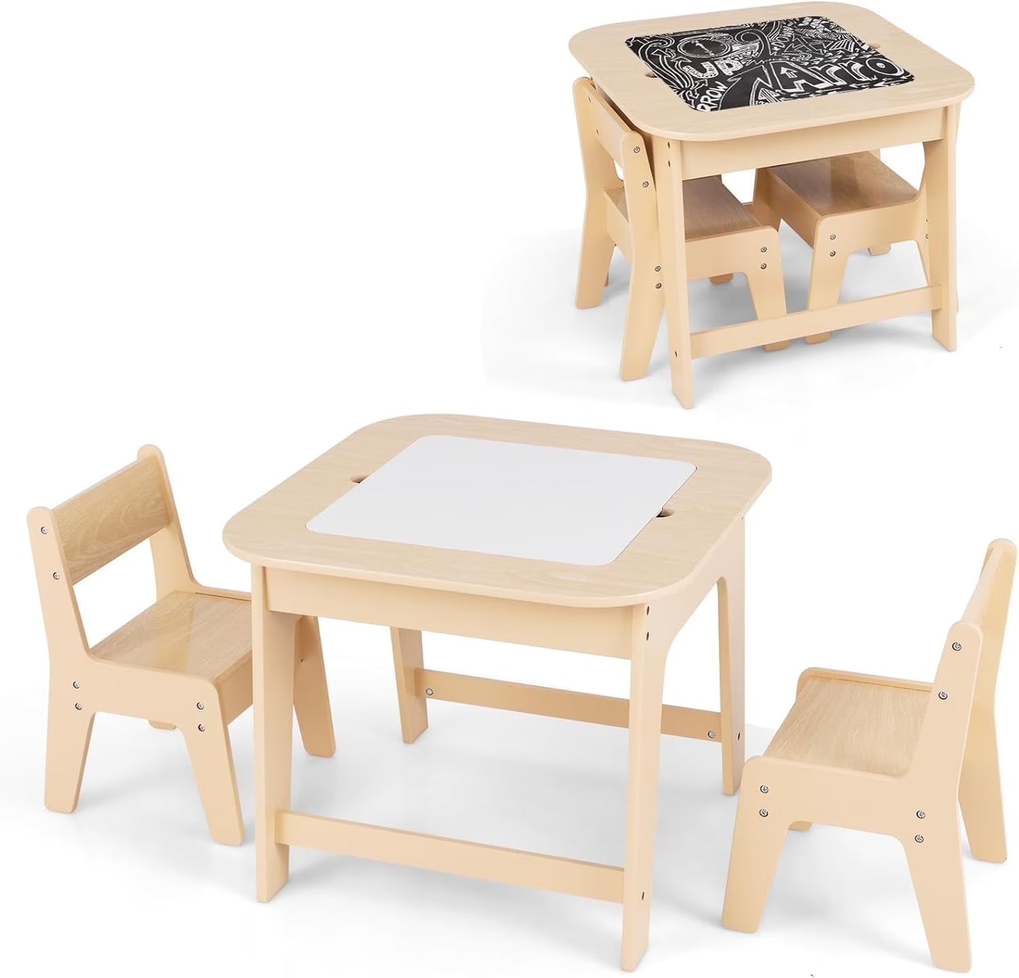 OLAKIDS Kids Table and Chair Set, 3 in 1 Wooden Activity Table with Removable Tabletop, Blackboard and Whiteboard for Toddlers Arts Crafts Drawing Reading Playing, Playroom Nursery (Natural)