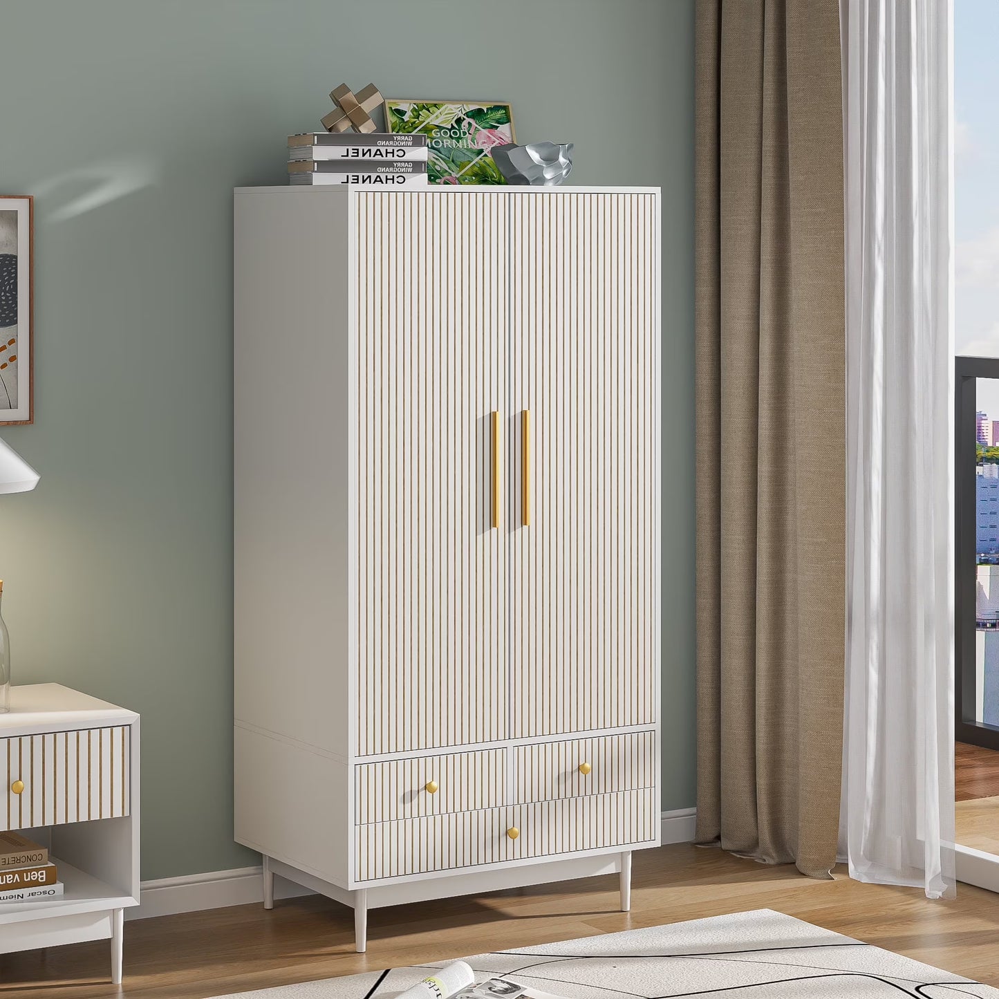 Armoire Wardrobe Closet with 2 Doors, Wardrobe Cabinet with Hanging Rod and Drawers, Wooden Closet for Bedroom, White