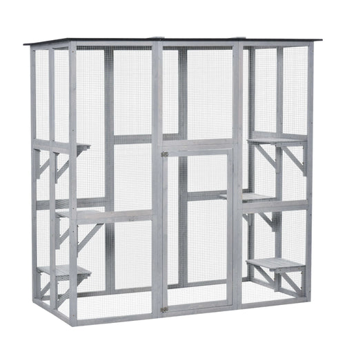 PawHut Wooden Catio Enclosure with Weather Protection, 6 Platforms, Outdoor, Large, 71" x 38.5" x 71"