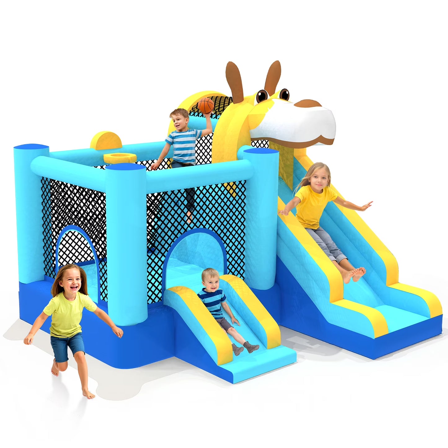 Mukidy 114''x 114'' x 92.5'' Inflatable Bounce Houses for Kids 3-10 with Blower Double Slide and Ball Pit/Indoor Bouncy House, PVC, Child, Teen, ToddlerBlue