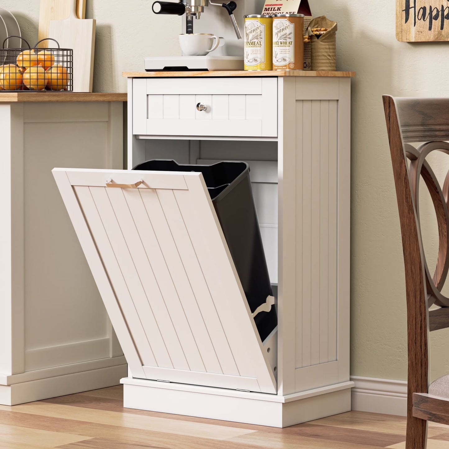 HARIPUL Single Tilt Out Trash Cabinet for 13 Gallon Waste Bin, Free Standing Kitchen Trash Can Cabinet with Drawers, White