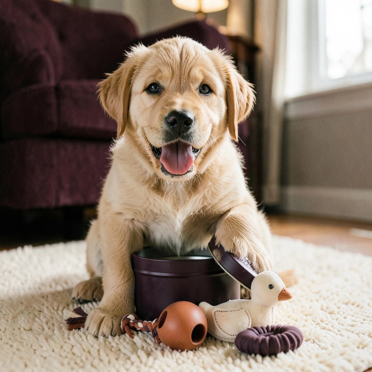 Golden Retriever puppy with a paw on the open plum Welford Encore tin on a cream rug