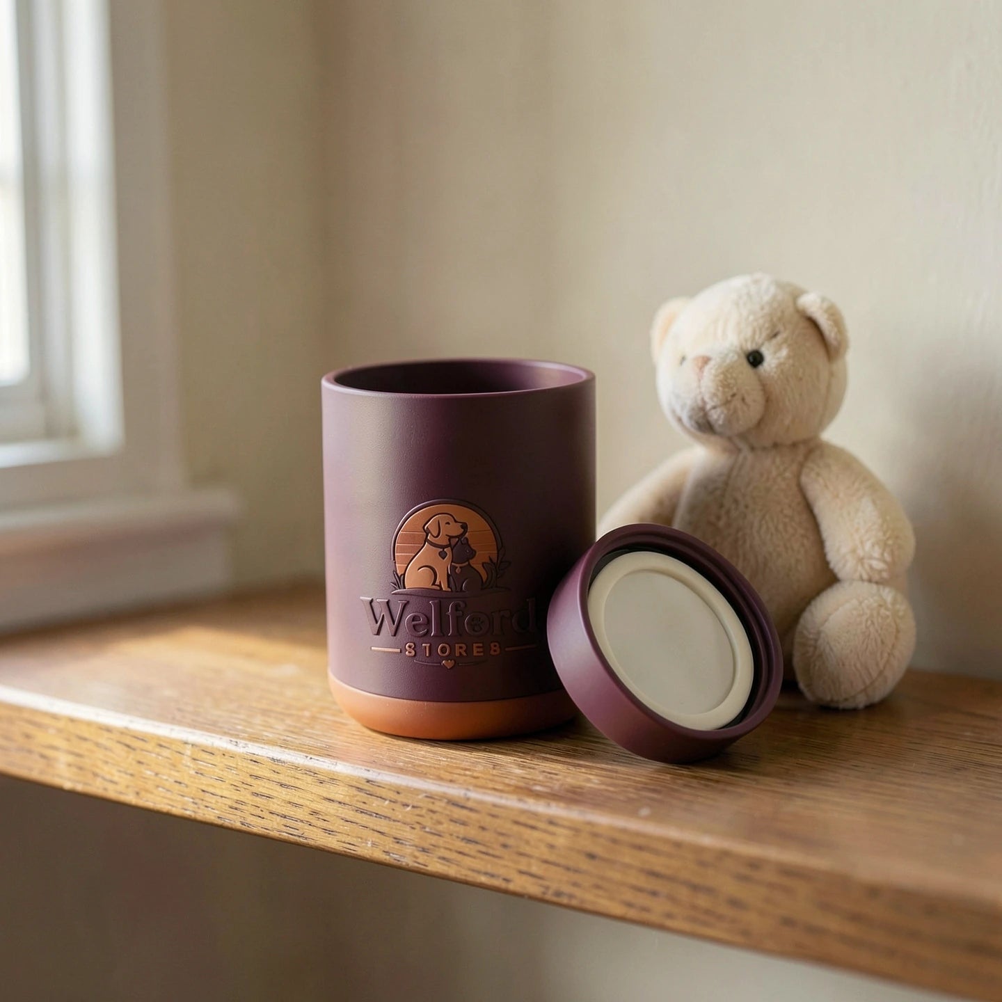 Plum Welford Second Wind pod on a warm oak shelf beside a soft cream plush toy
