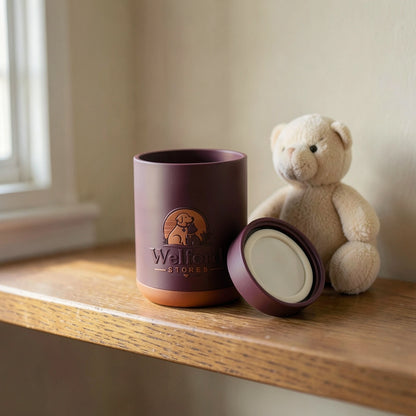 Plum Welford Second Wind pod on a warm oak shelf beside a soft cream plush toy