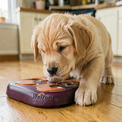 Golden Retriever puppy nosing a terracotta sliding panel on the Welford Give-Way treat puzzle board