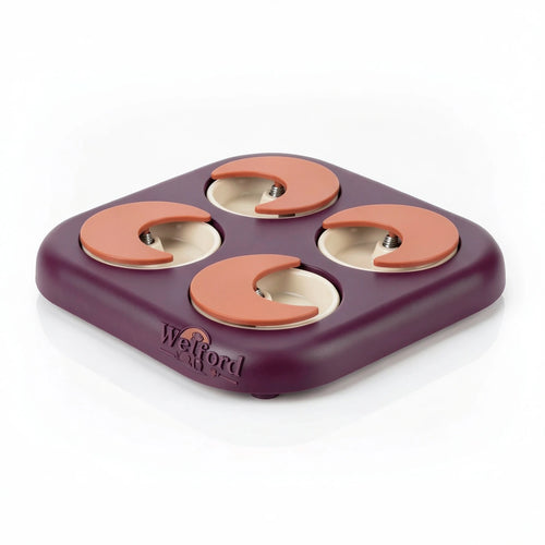 Plum Welford Give-Way treat puzzle board with terracotta sliding panels on a white background