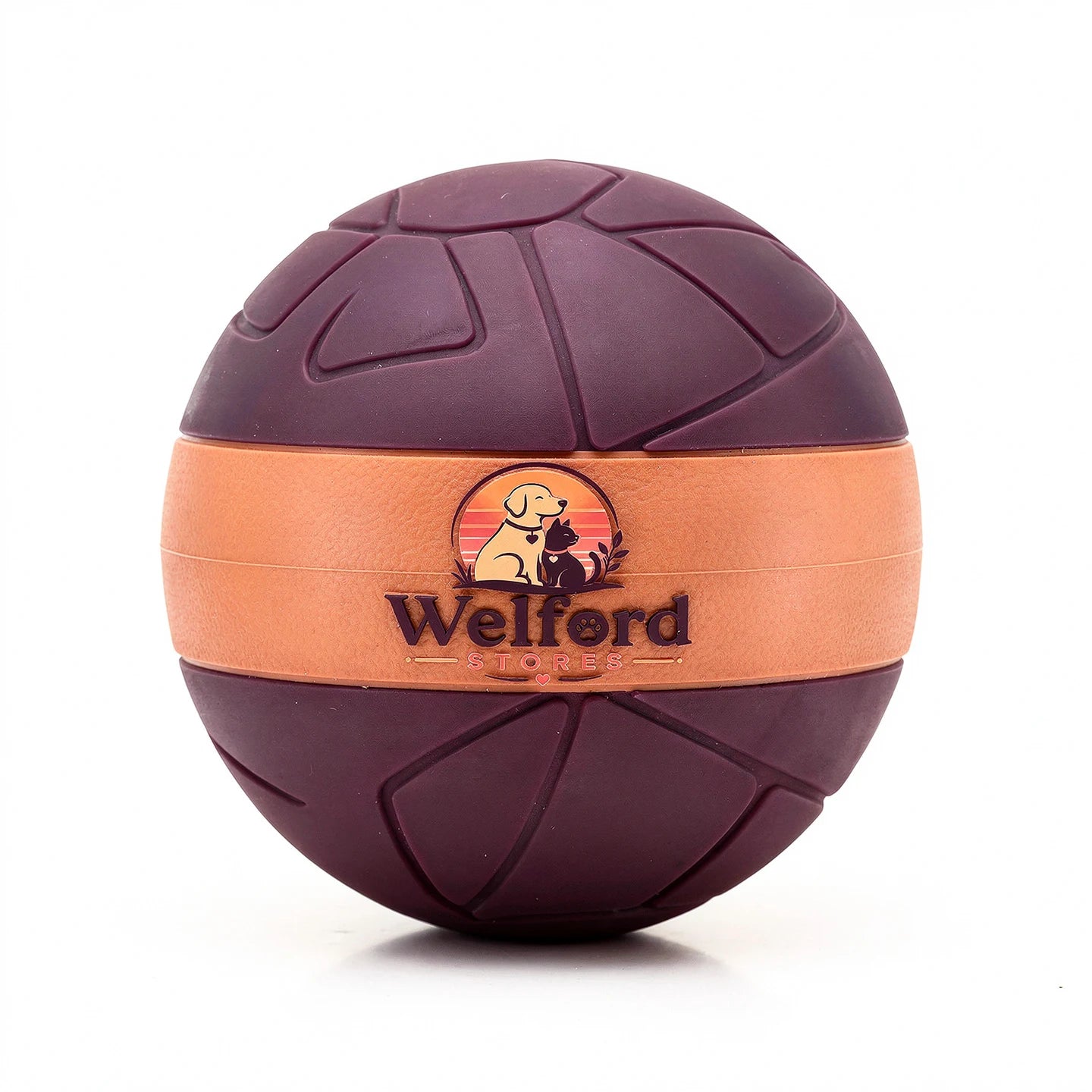 Second angle of the Welford Give-Way chew ball showing the terracotta band and crescent aperture
