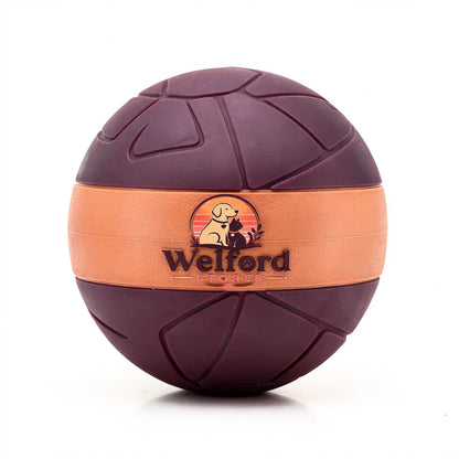 Second angle of the Welford Give-Way chew ball showing the terracotta band and crescent aperture