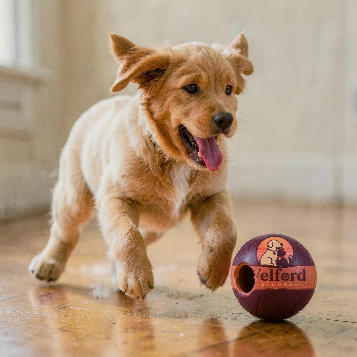 Golden Retriever puppy mid-chase after the plum Welford Give-Way chew ball on wooden floorboards