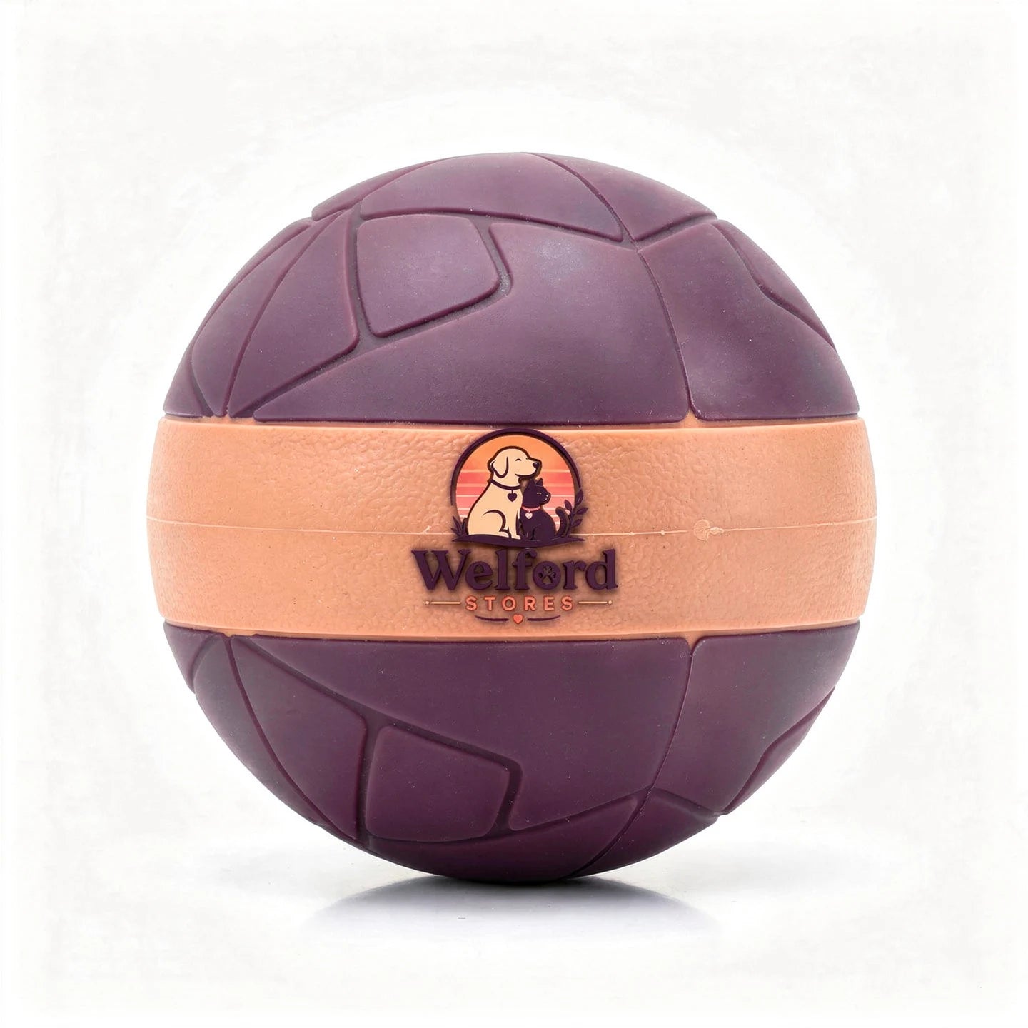 Plum and terracotta Welford Give-Way chew ball with moulded grip texture on a white background