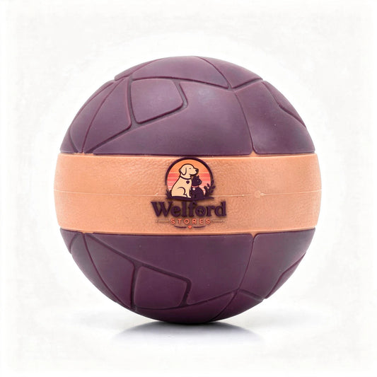 Plum and terracotta Welford Give-Way chew ball with moulded grip texture on a white background