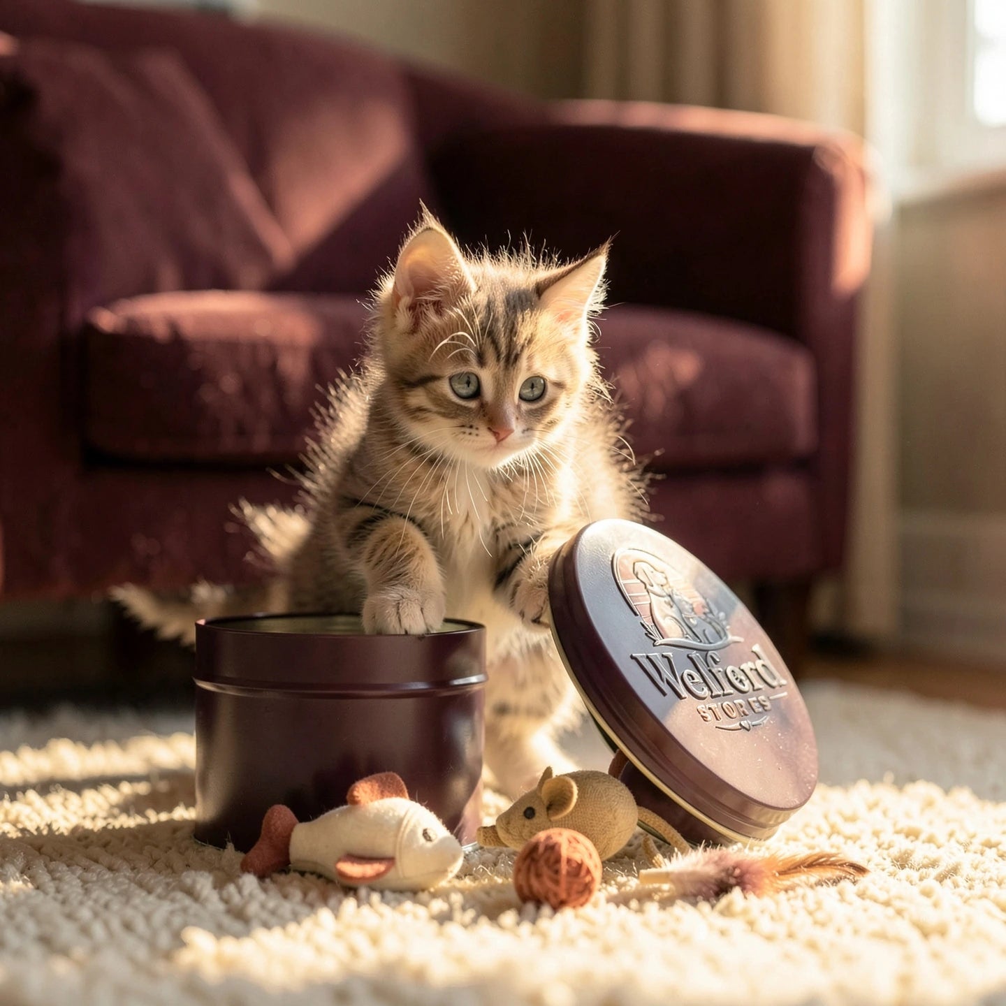 Tabby kitten reaching a paw into the open plum Welford Encore tin on a cream rug
