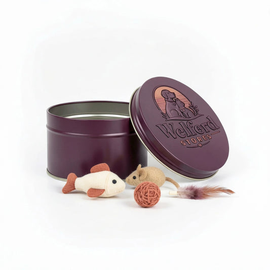 Open plum Welford Encore tin for cats with felt fish, felt mouse, woven ball and feather lure on a white background