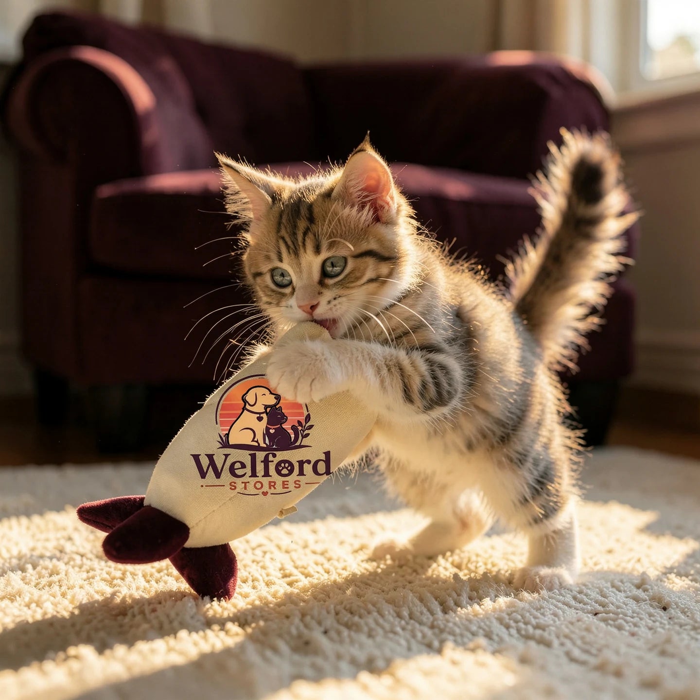Tabby kitten bunny-kicking the cream plush Welford Vault catnip kicker on a cream rug