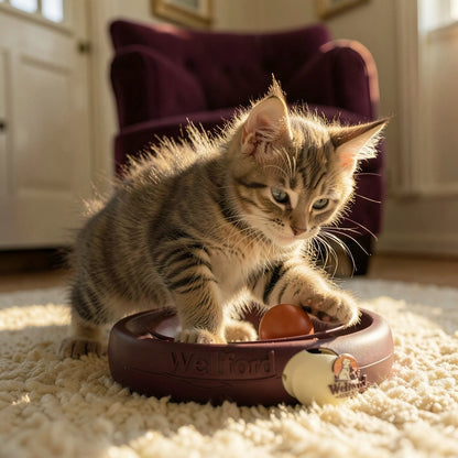 Tabby kitten reaching into the plum Welford Give-Way orbit feeder to bat the terracotta ball