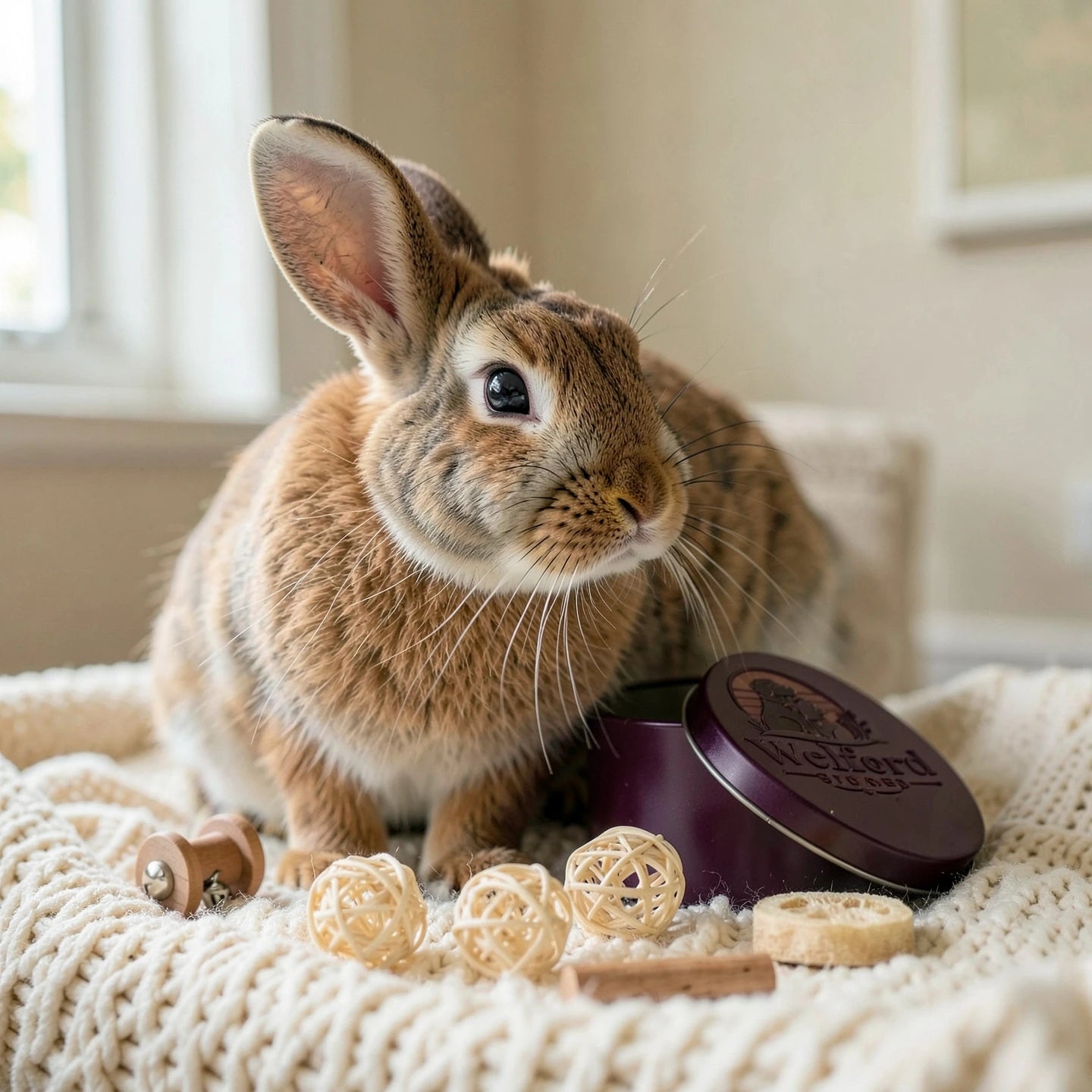 Lop-eared rabbit sniffing beside the open plum Welford Encore tin on a cream knitted blanket