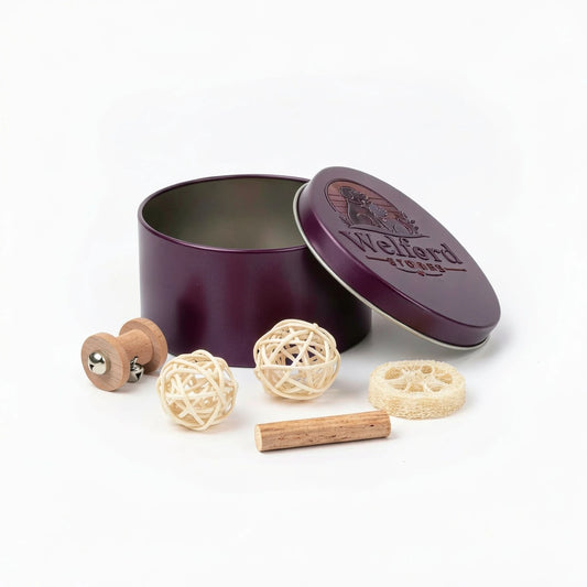 Open plum Welford Encore tin for small pets with wooden bell roller, rattan balls, pine gnaw stick and loofah slice