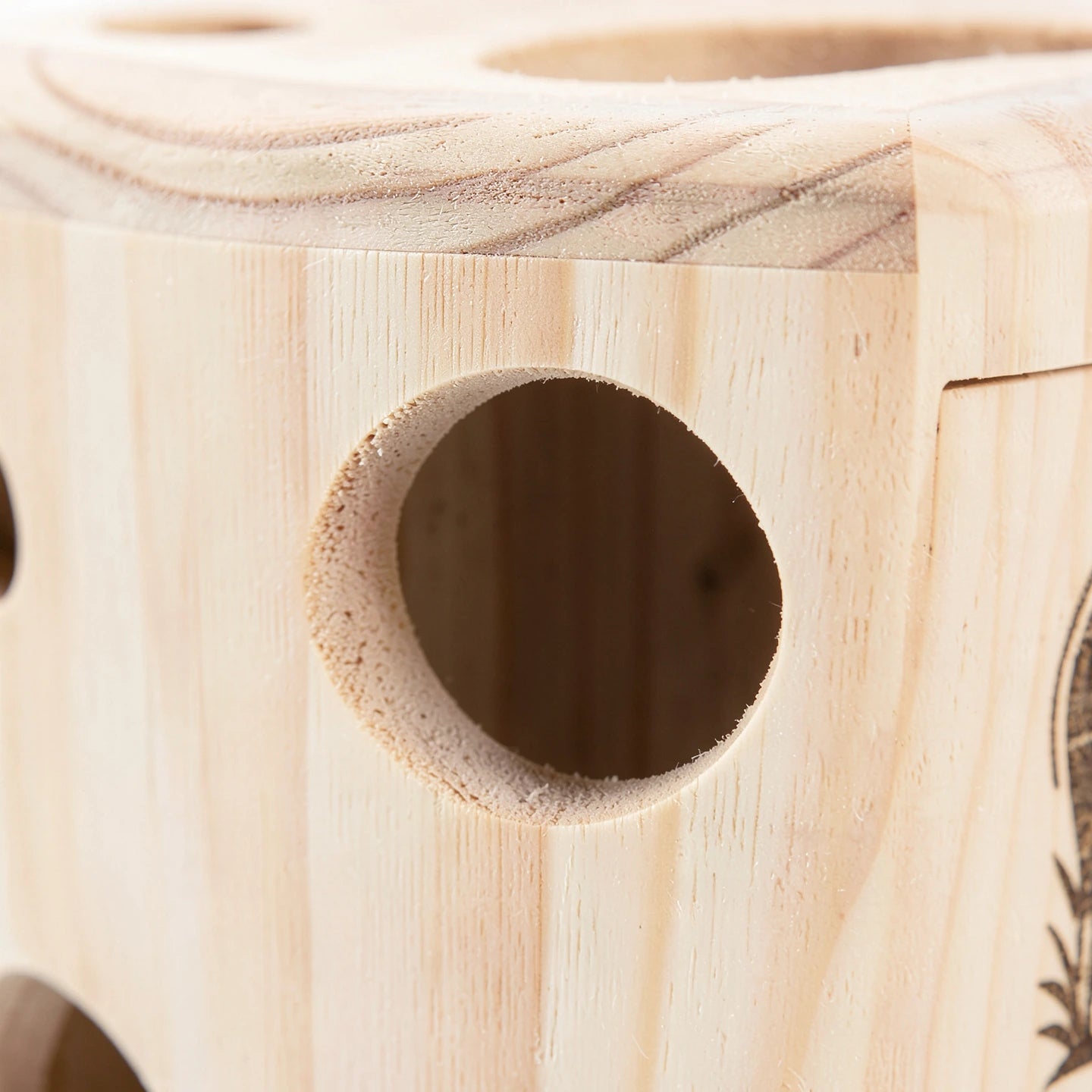 Macro detail of a sanded drilled opening and the pine grain on the Welford Give-Way forage cube