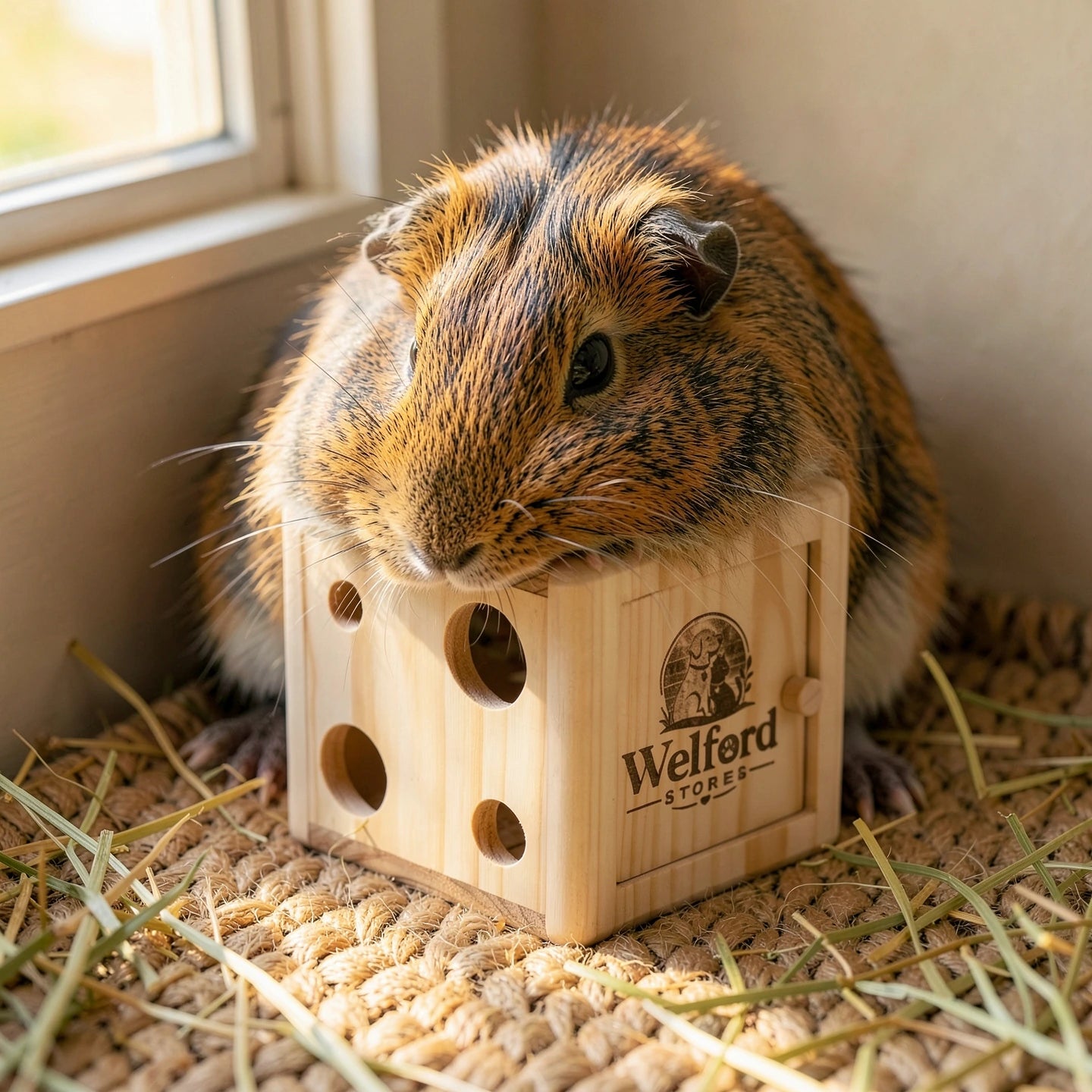 Long-haired guinea pig feeding through a round opening in the pine Welford Give-Way forage cube
