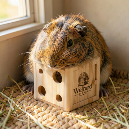 Long-haired guinea pig feeding through a round opening in the pine Welford Give-Way forage cube