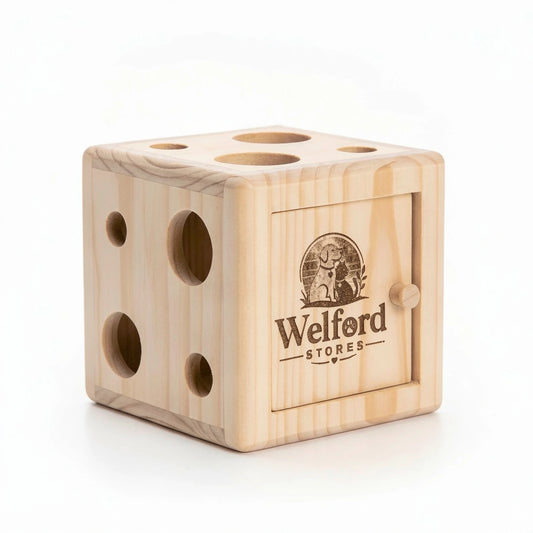 Pale pine Welford Give-Way forage cube with round drilled openings on a white background