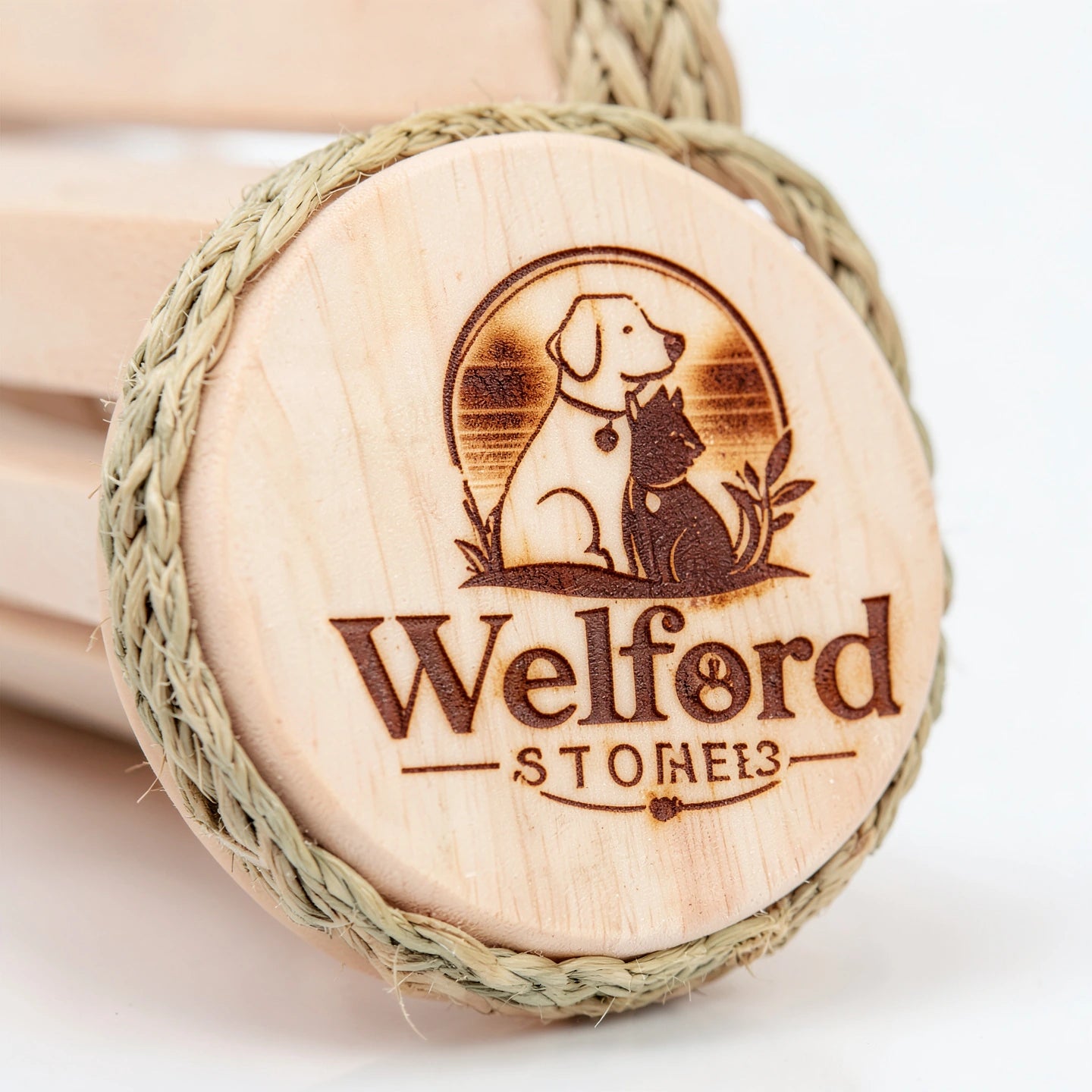 Macro detail of the engraved Welford mark on the pine end cap of the Vault hay roller