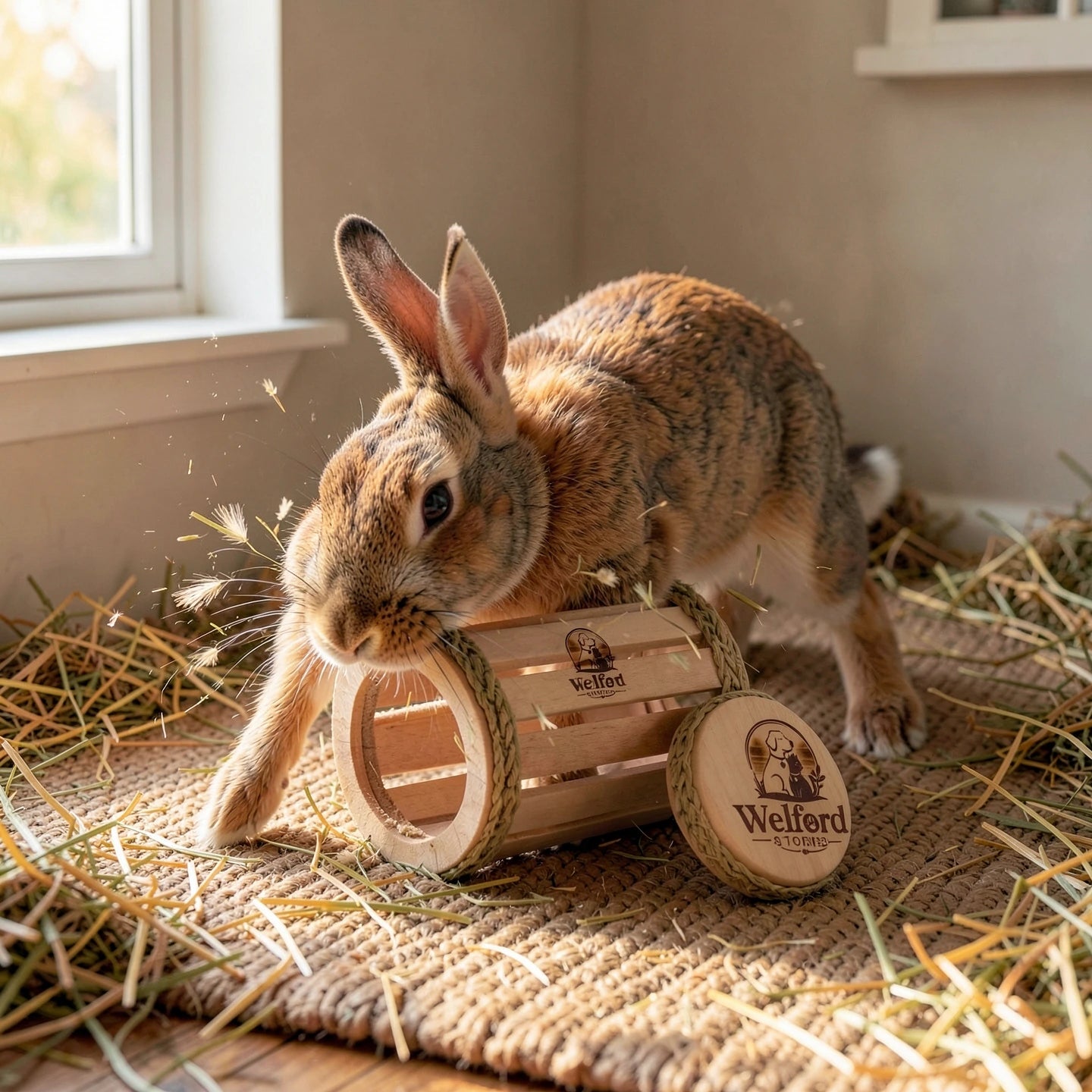 Lop-eared rabbit nudging the pale pine Welford Vault hay roller across a jute mat