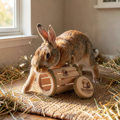 Lop-eared rabbit nudging the pale pine Welford Vault hay roller across a jute mat