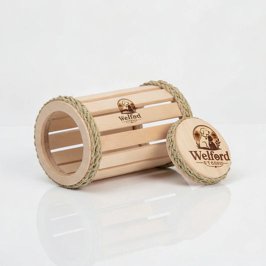 Pale pine Welford Vault hay roller with woven seagrass banding on a white background