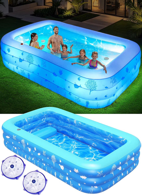 Inflatable Pool with Seat and Pool Lights, Durable Thickened Large Size Family Inflatable Pools for Adults Blow Up Pools,105" x 65" x 25"Swimming Inflatable Kids PooI for Backyard,Outdoor (Cyan)