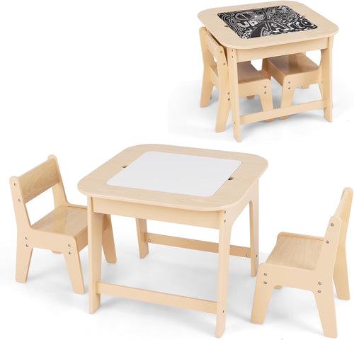 OLAKIDS Kids Table and Chair Set, 3 in 1 Wooden Activity Table with Removable Tabletop, Blackboard and Whiteboard for Toddlers Arts Crafts Drawing Reading Playing, Playroom Nursery (Natural)
