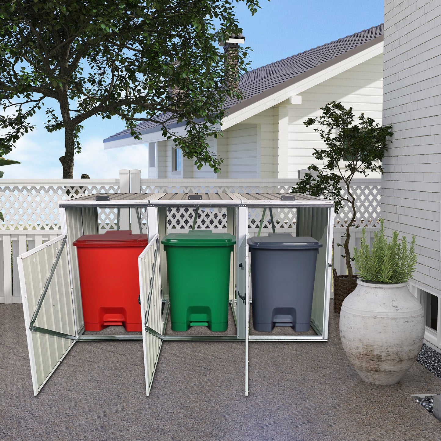 Aukfa 7.3' W Outdoor Garbage Bin Storage, Metal Storage Shed for 3 Trash Cans Tools, Waterproof Trash Can Storage