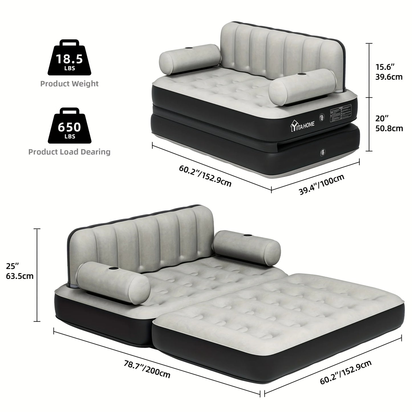 Inflatable Air Sofa Bed 2-in-1 Backrest Couch Airbed With Headboard And Pump Convertible Blow Up Bed Mattress For Home, Camping, And Guests, Living Room Furniture, Queen Size