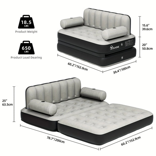 Inflatable Air Sofa Bed 2-in-1 Backrest Couch Airbed With Headboard And Pump Convertible Blow Up Bed Mattress For Home, Camping, And Guests, Living Room Furniture, Queen Size