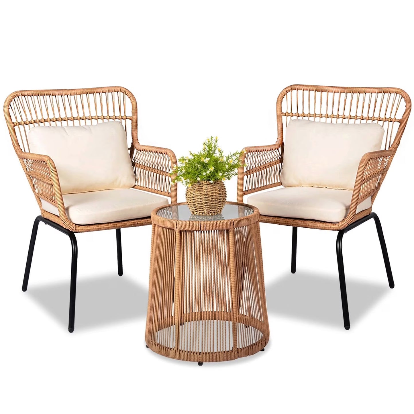 Tappio 3-Piece Patio Conversation Bistro Set Rattan Furniture, Outdoor Patio Set w/Glass Top Table & Cushions for Garden Balcony Backyard Poolside, Yellow/Beige