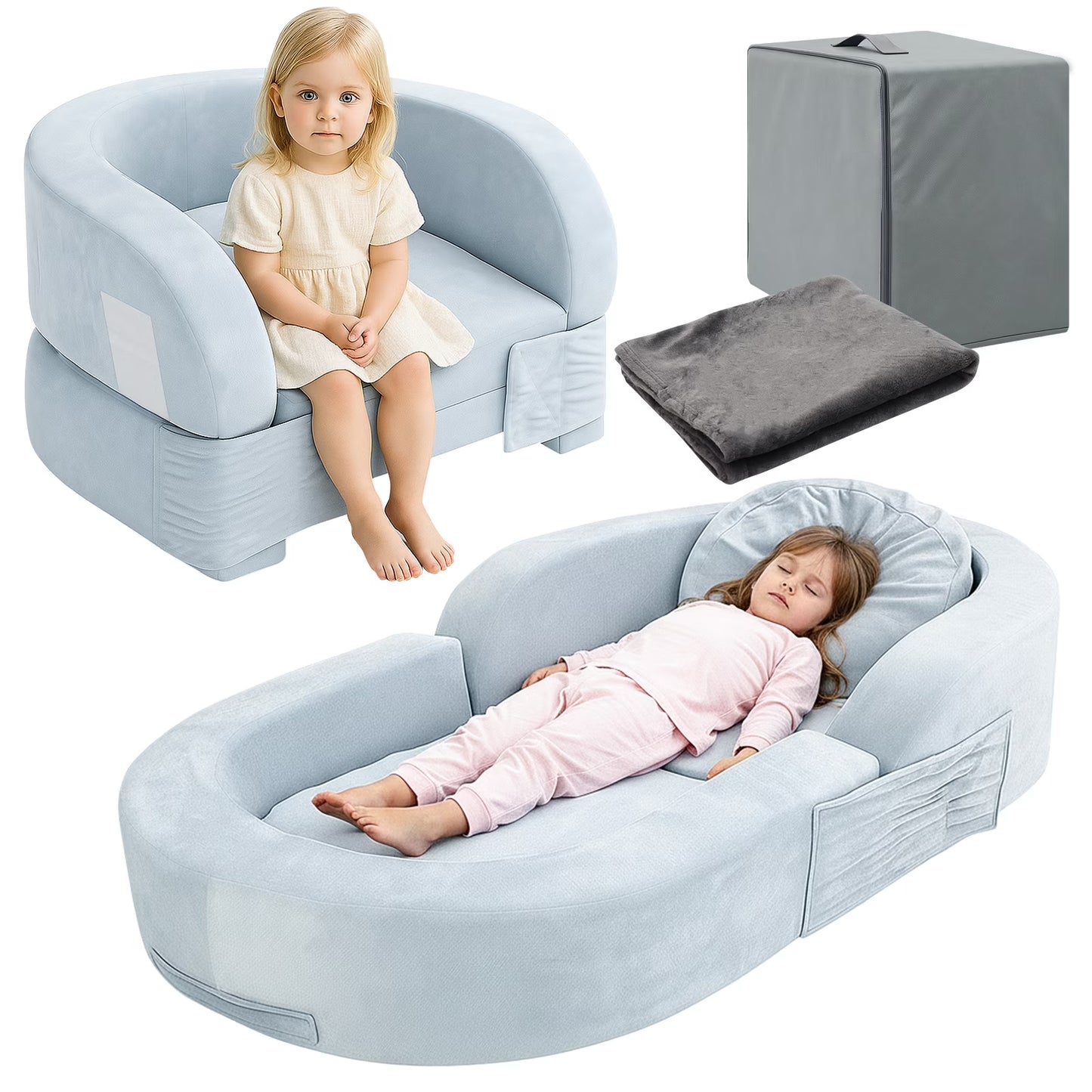 Coumy Toddler Travel Bed 2-in-1 Kids Sofa Chair with Removable Cover, Soft Foam Portable Foldable Toddler Bed for Travel with Carrying Bag, Blue