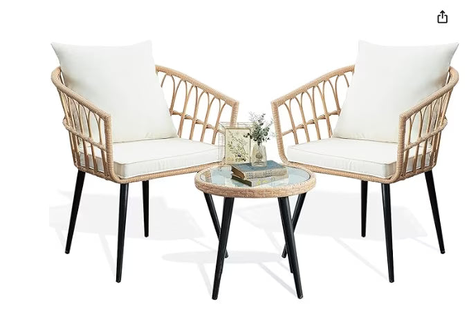 FHFO 3 Piece Patio Bistro Set, Outdoor Wicker Apartment Balcony Furniture Sets, Rattan Table and Chairs Set of 2 for Porch Backyard Lawn Poolside Deck, Beige