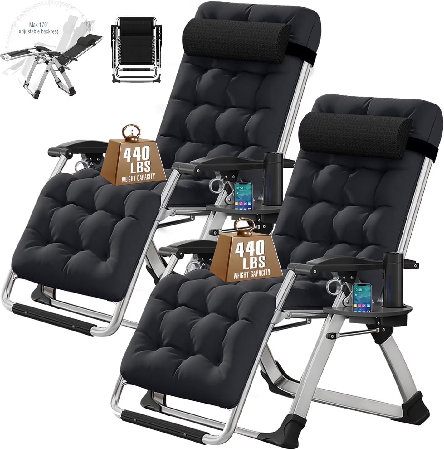 NAIZEA 2 Pack Zero Gravity Chair, Foldable Portable Lawn Recliner with Cushion, Headrest, Cup Holder, Black